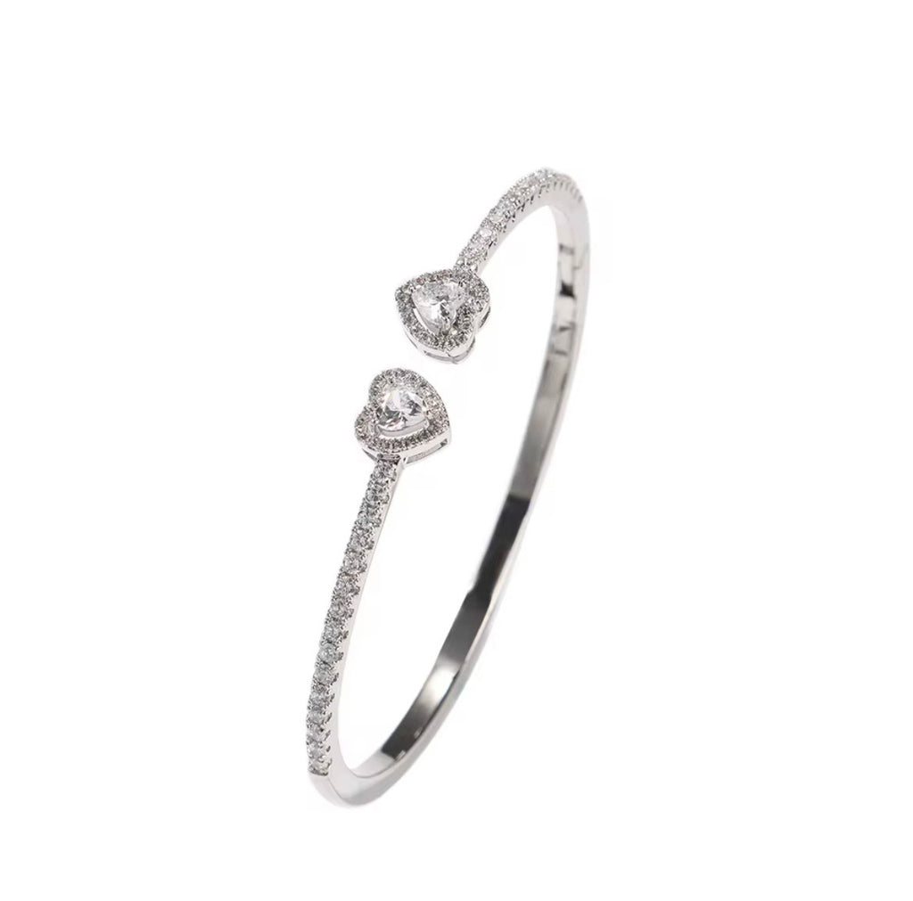 Iced Double Heart Bangle (Gold, Silver)