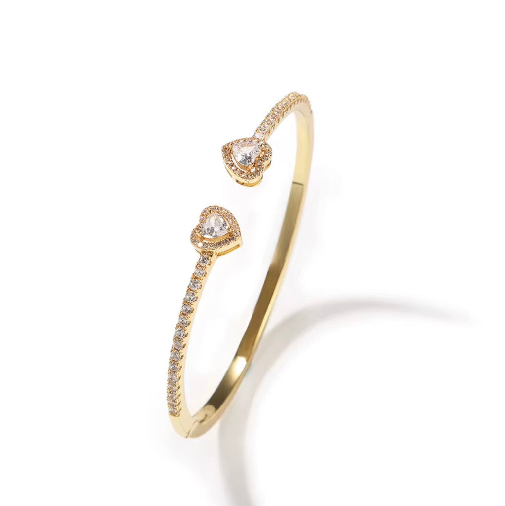Iced Double Heart Bangle (Gold, Silver)
