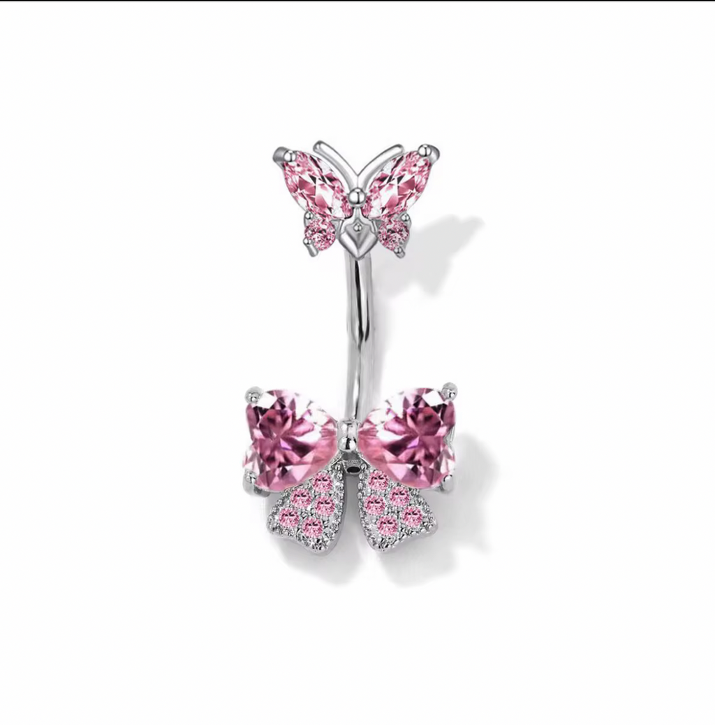 Crystal Butterfly Floating Belly Ring (Silver, Gold, Pink)